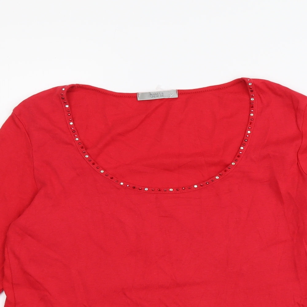 Marks and Spencer Womens Red Cotton Basic Blouse Size 12 Scoop Neck
