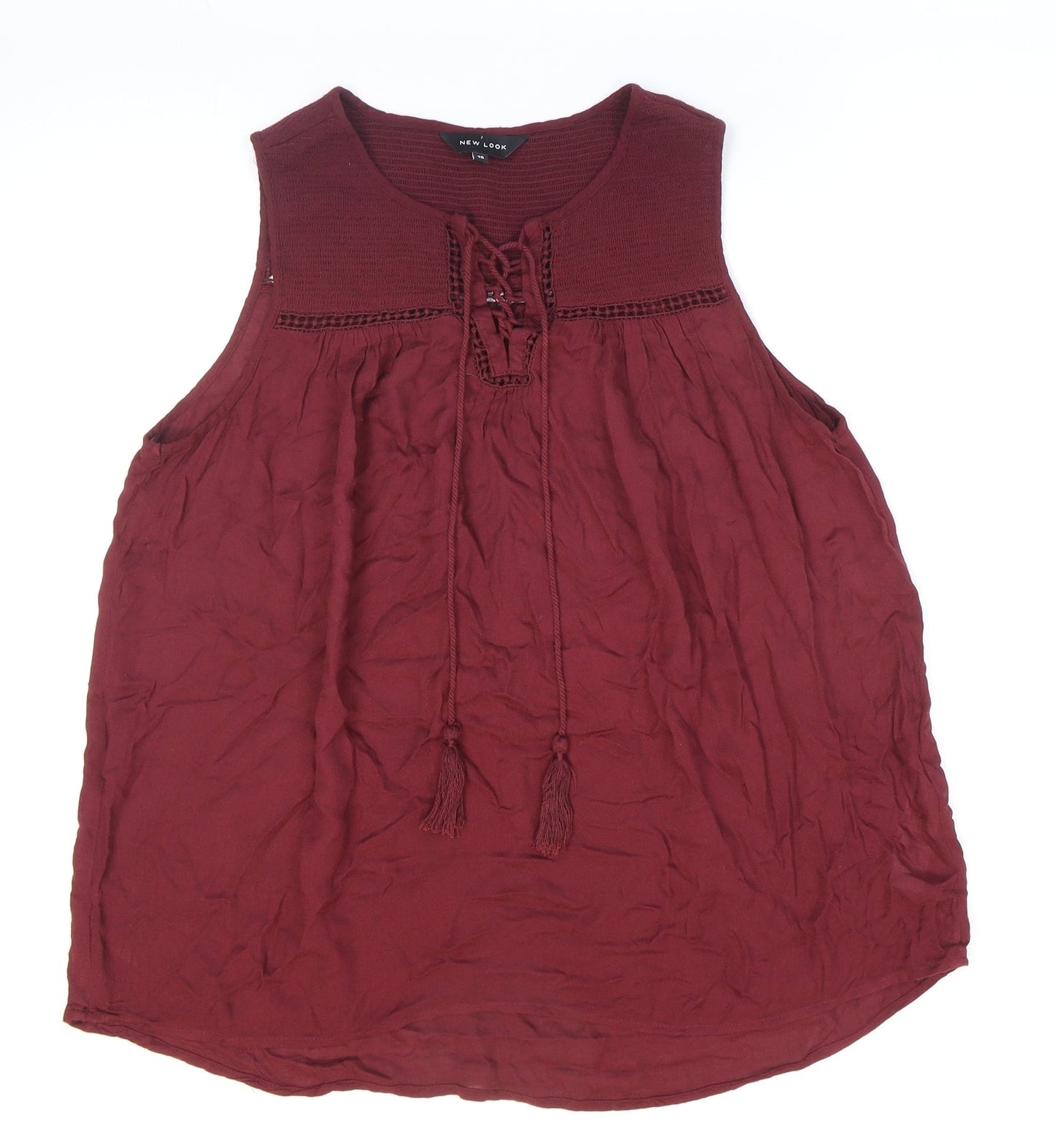 New Look Womens Red Viscose Basic Blouse Size 10 V-Neck - Lace-up