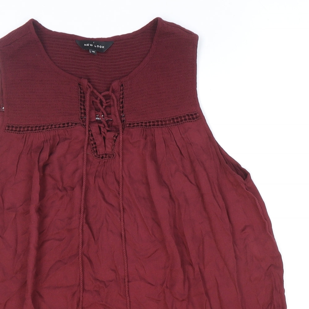 New Look Womens Red Viscose Basic Blouse Size 10 V-Neck - Lace-up