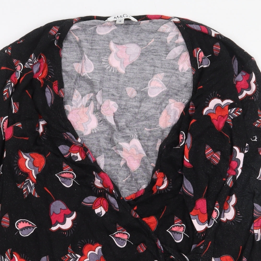 M&Co Womens Black Floral Viscose Basic Blouse Size 12 V-Neck - Wrap/cross-over front