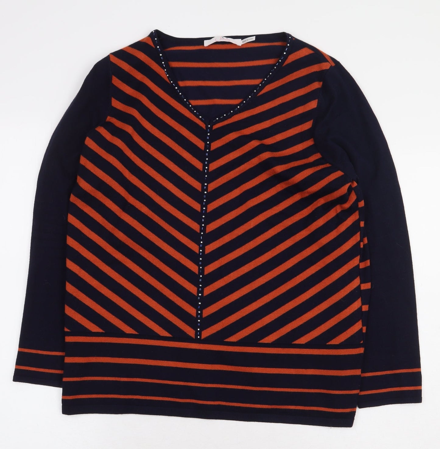 Julipa Womens Blue Striped Viscose Pullover Sweatshirt Size 12 Pullover - V-Neck