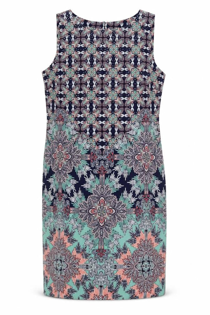 M&Co Womens Blue Geometric Polyester Pencil Dress Size 12 Boat Neck Zip