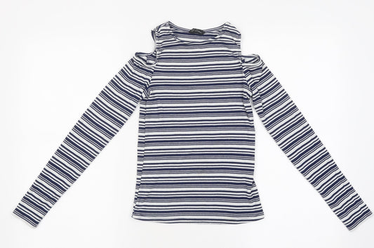 Candy Couture Girls Blue Striped Polyester Basic Casual Size 14 Years Round Neck Pullover - Cut-Our Shoulders