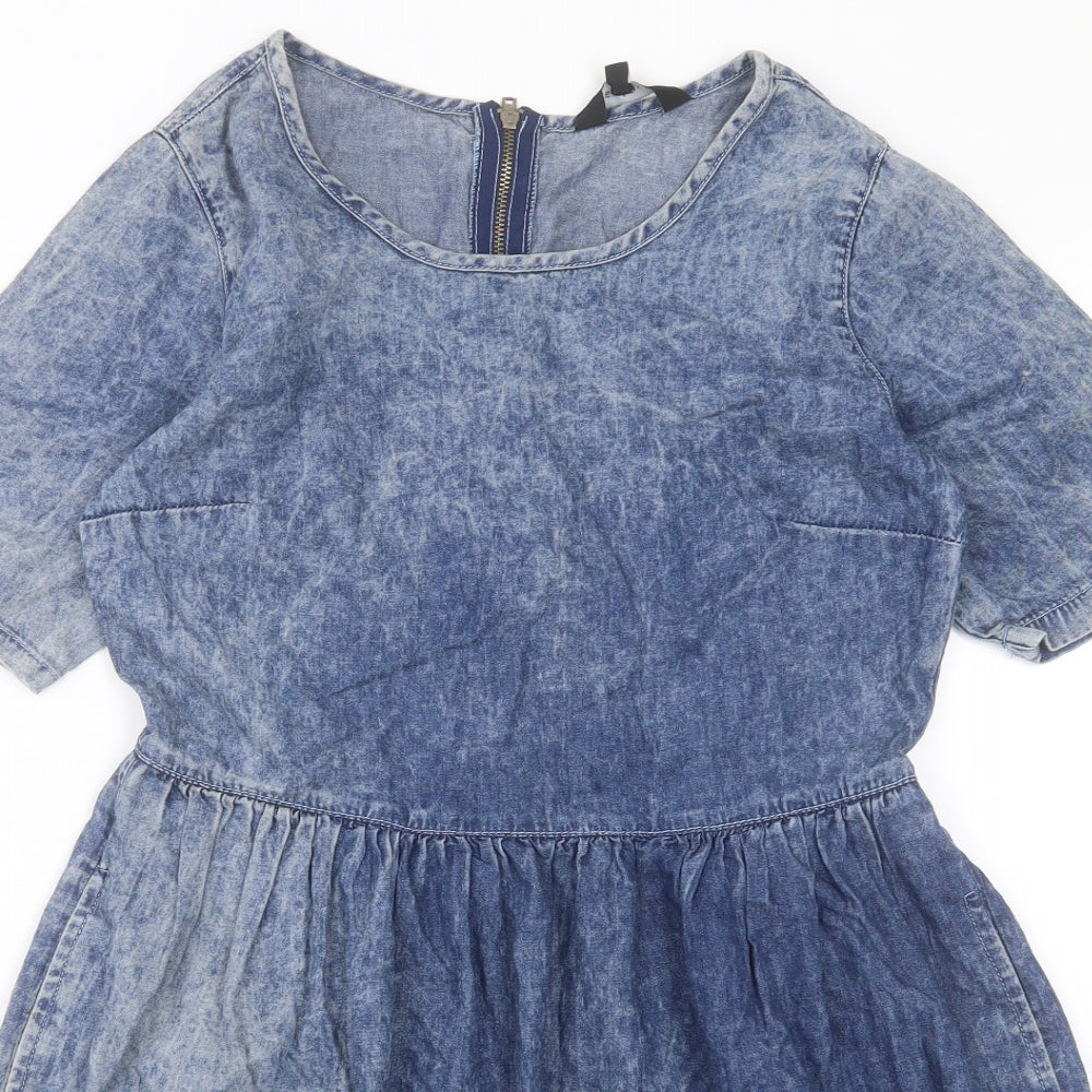 New Look Womens Blue Cotton A-Line Size 10 Crew Neck Zip