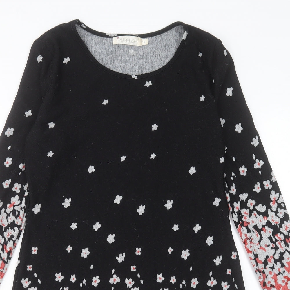 Purplish Womens Black Floral Polyester A-Line Size S Crew Neck Pullover