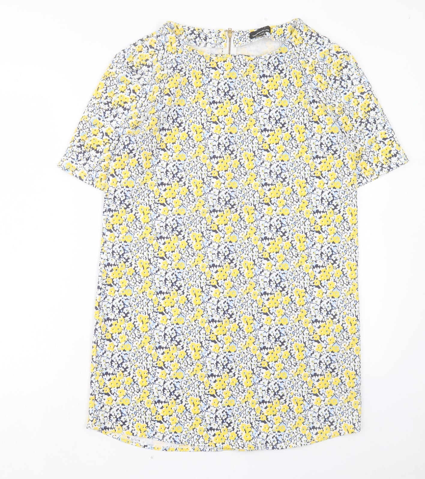 Warehouse Womens Yellow Floral Polyester A-Line Size 14 Crew Neck Zip