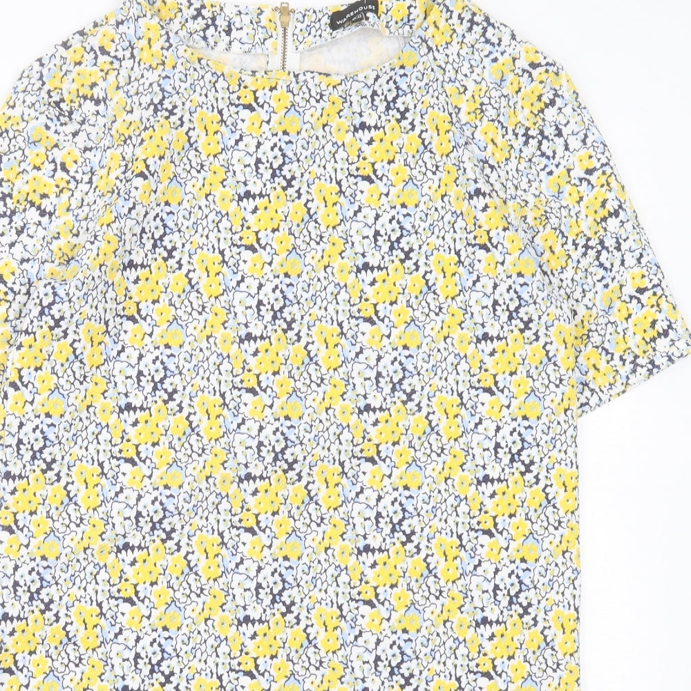 Warehouse Womens Yellow Floral Polyester A-Line Size 14 Crew Neck Zip