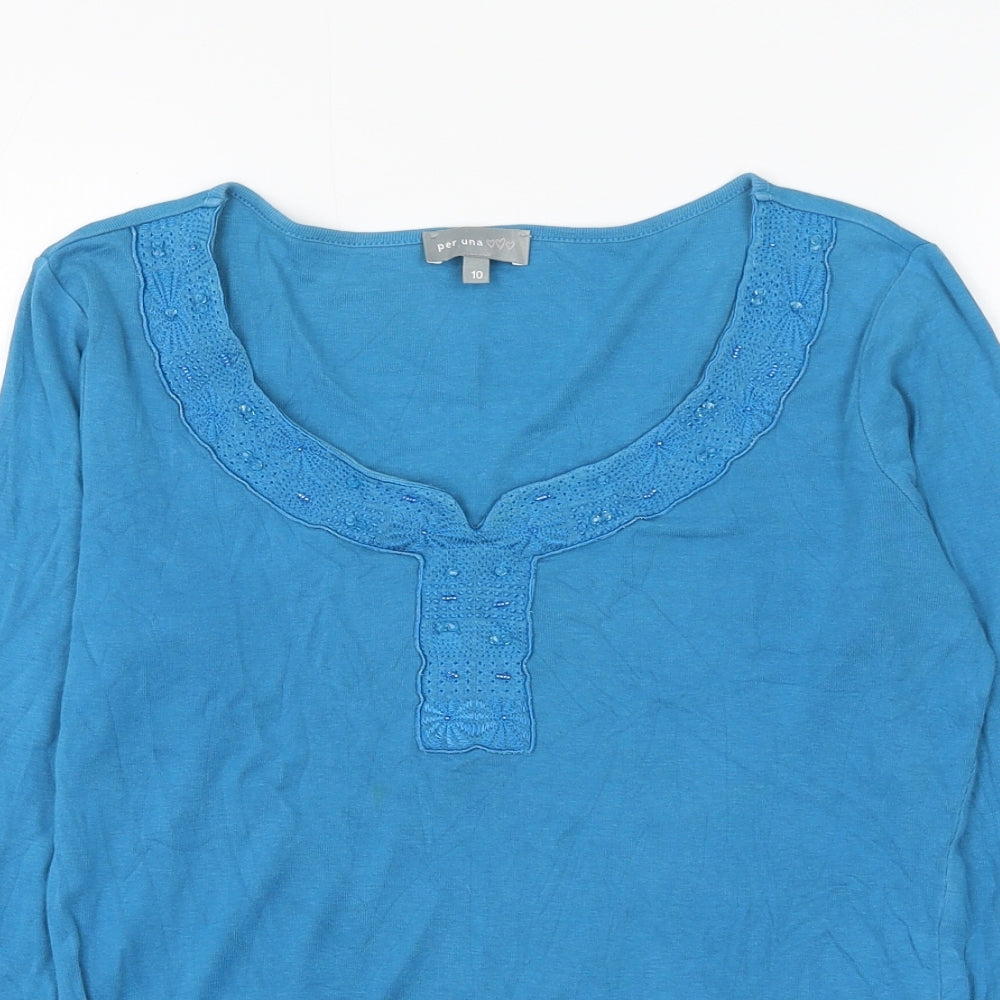 Per Una Womens Blue Cotton Basic Blouse Size 10 Scoop Neck