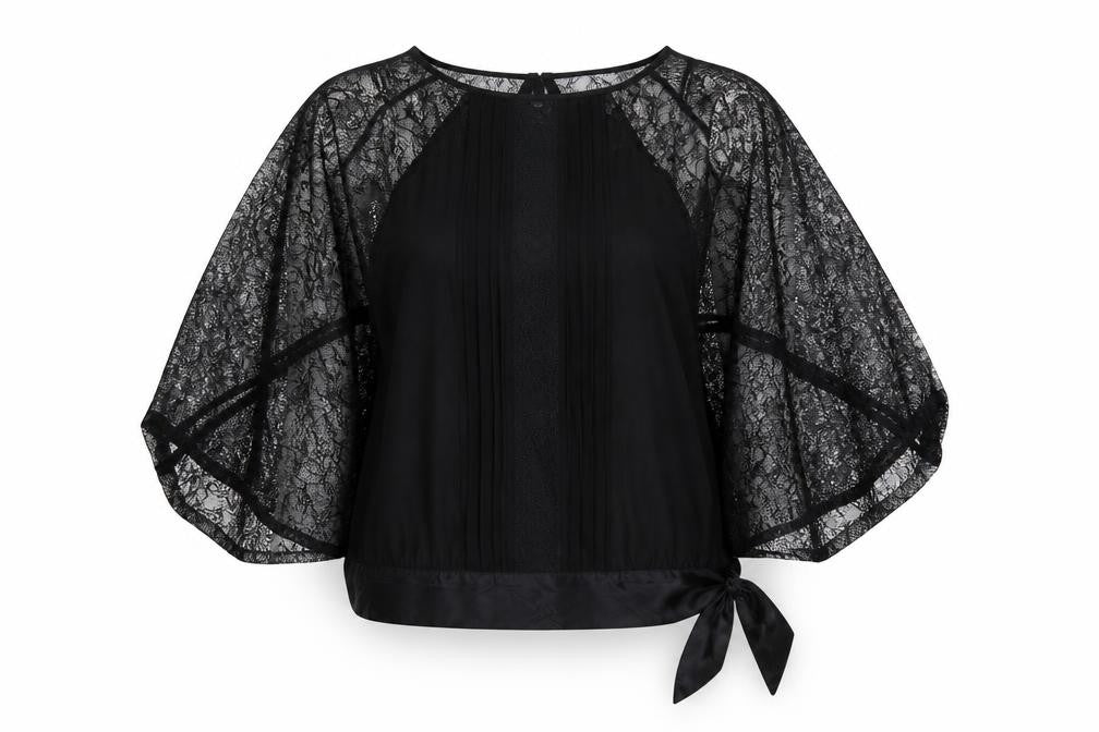Warehouse Womens Black Polyester Basic Blouse Size 12 Round Neck - Sheer Sleeves