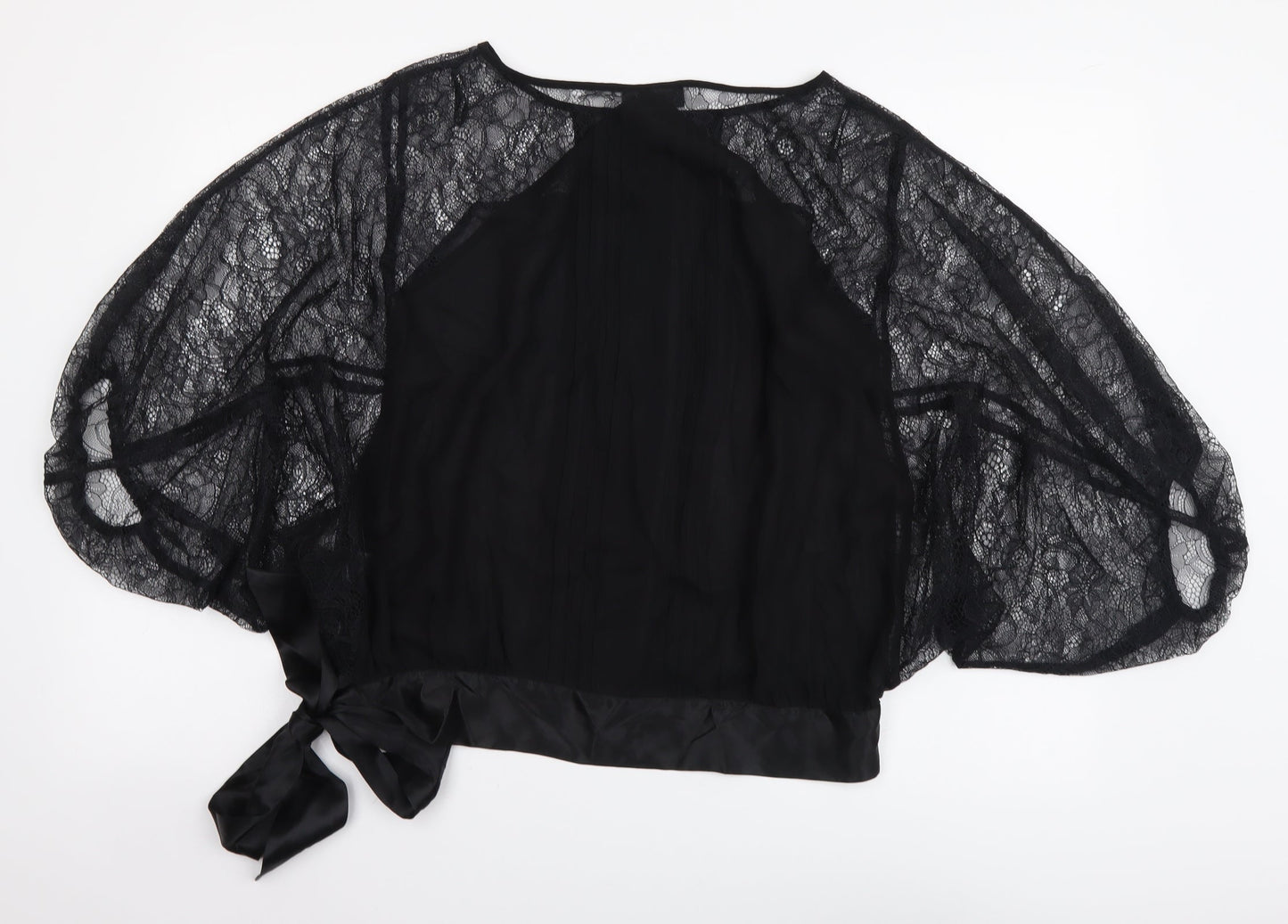 Warehouse Womens Black Polyester Basic Blouse Size 12 Round Neck - Sheer Sleeves