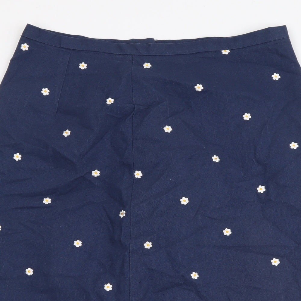 Preworn Womens Blue Floral Cotton A-Line Skirt Size 30 in Zip