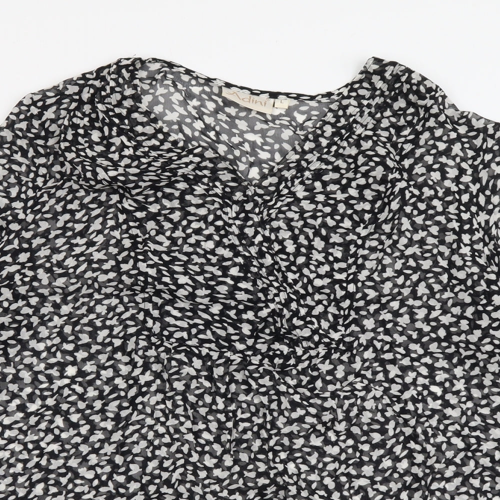 Adini Womens Black Geometric Polyester Basic Blouse Size L V-Neck