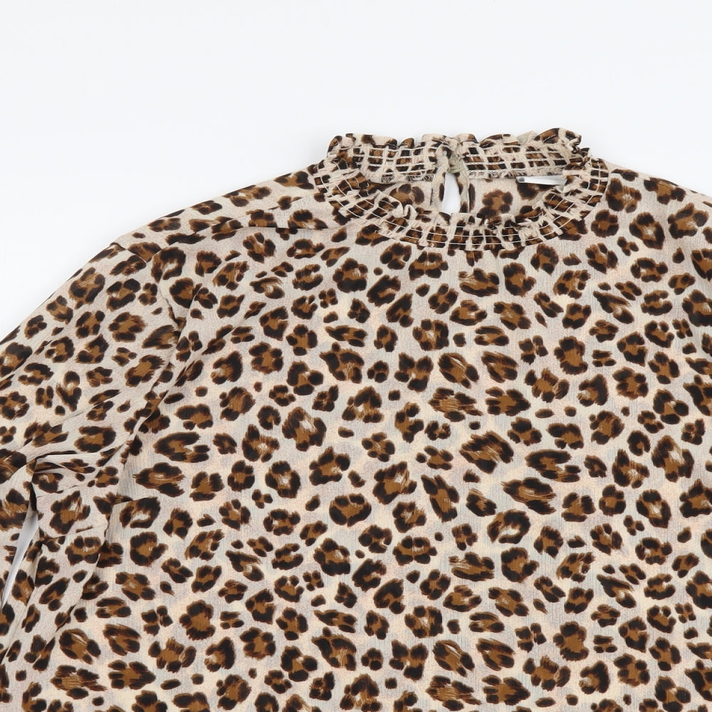 VILA Womens Beige Animal Print Polyester Basic Blouse Size 12 Mock Neck - Leopard Pattern