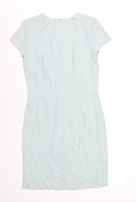 Preworn Womens Blue Polyester Pencil Dress Size 8 V-Neck Zip