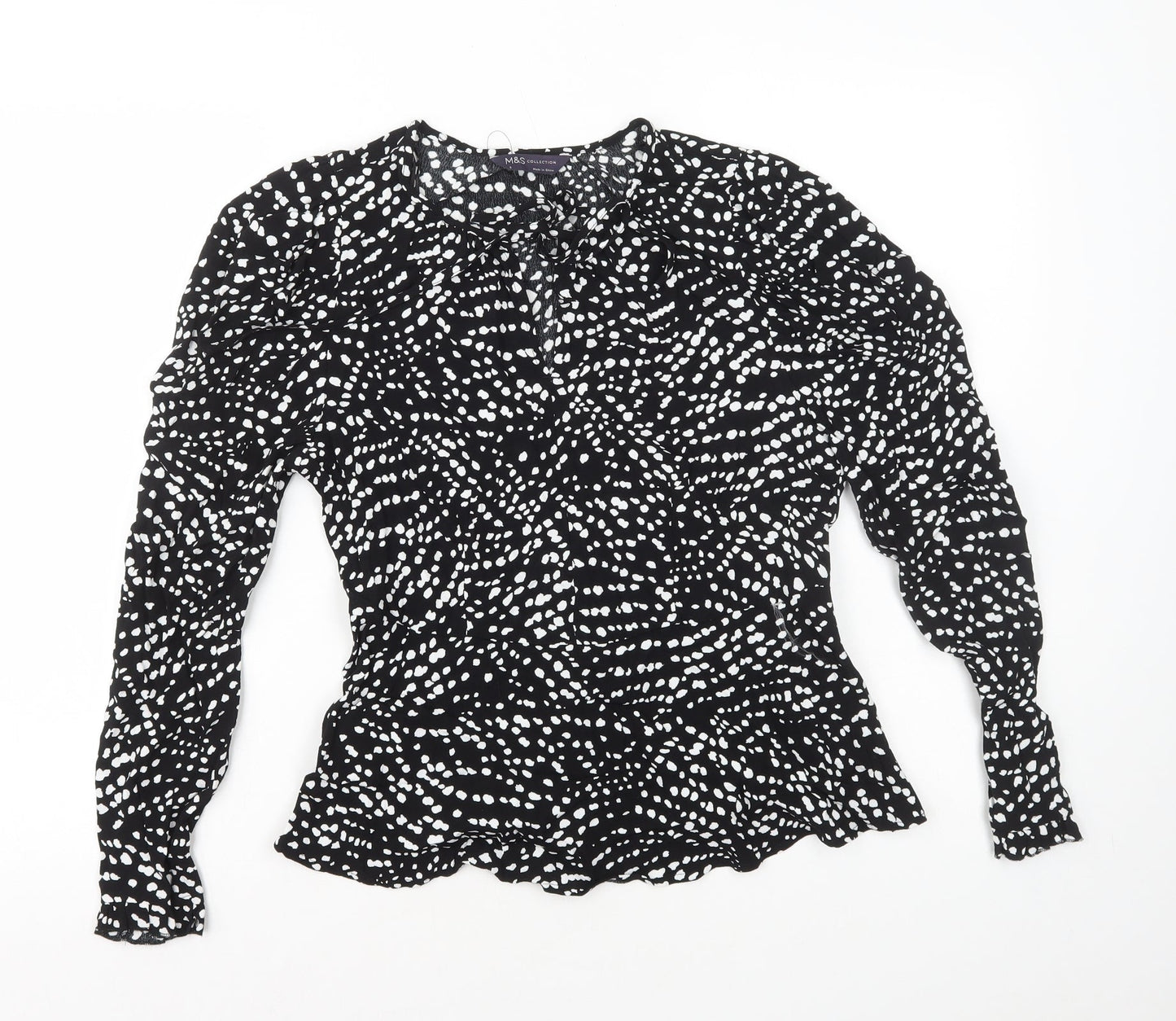 Marks and Spencer Womens Black Polka Dot Viscose Basic Blouse Size 8 V-Neck - Neck Tie Peplum