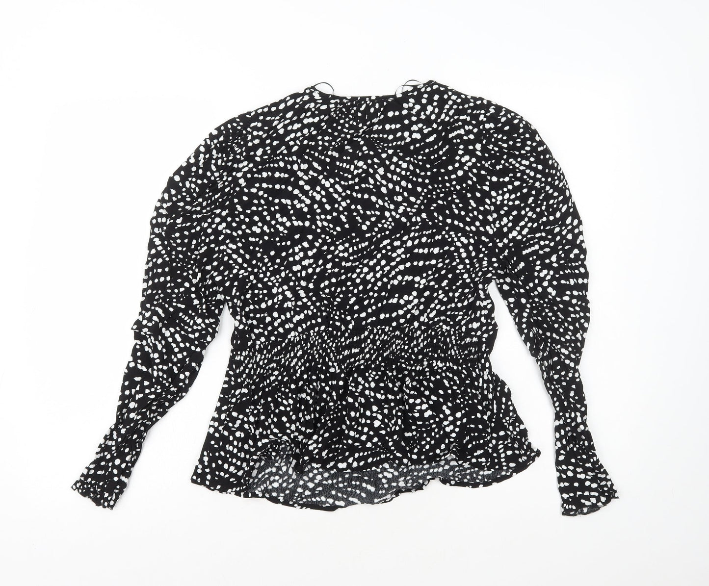 Marks and Spencer Womens Black Polka Dot Viscose Basic Blouse Size 8 V-Neck - Neck Tie Peplum