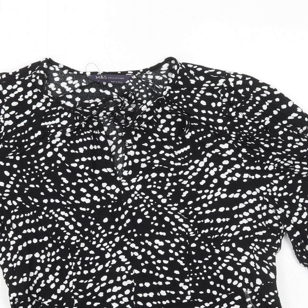 Marks and Spencer Womens Black Polka Dot Viscose Basic Blouse Size 8 V-Neck - Neck Tie Peplum