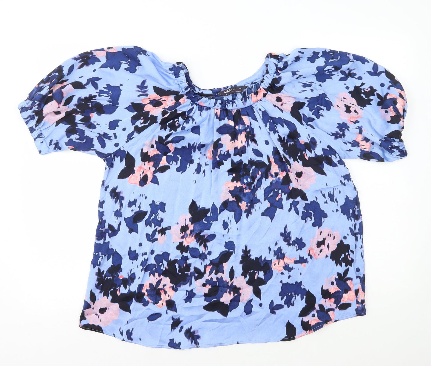 Marks and Spencer Womens Blue Geometric Polyester Basic T-Shirt Size 8 Round Neck