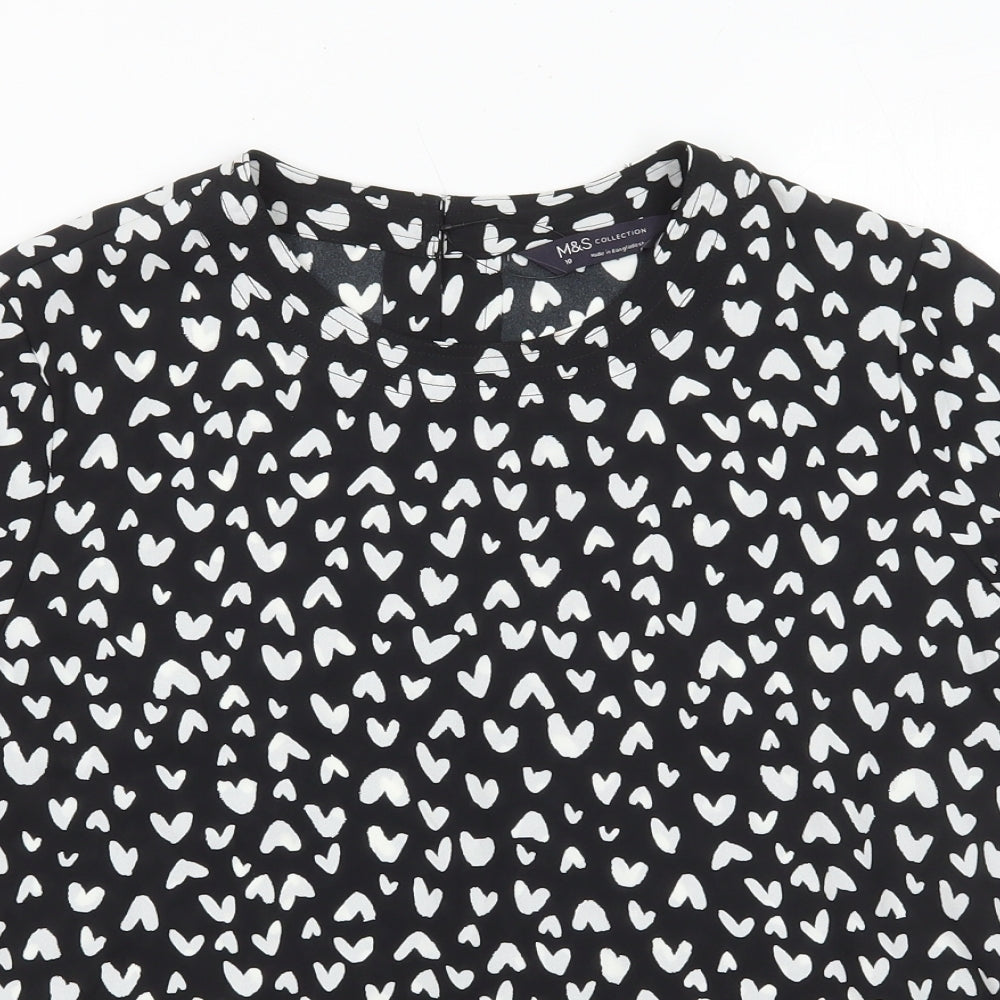 Marks and Spencer Womens Black Geometric Polyester Basic T-Shirt Size 10 Round Neck - Hearts