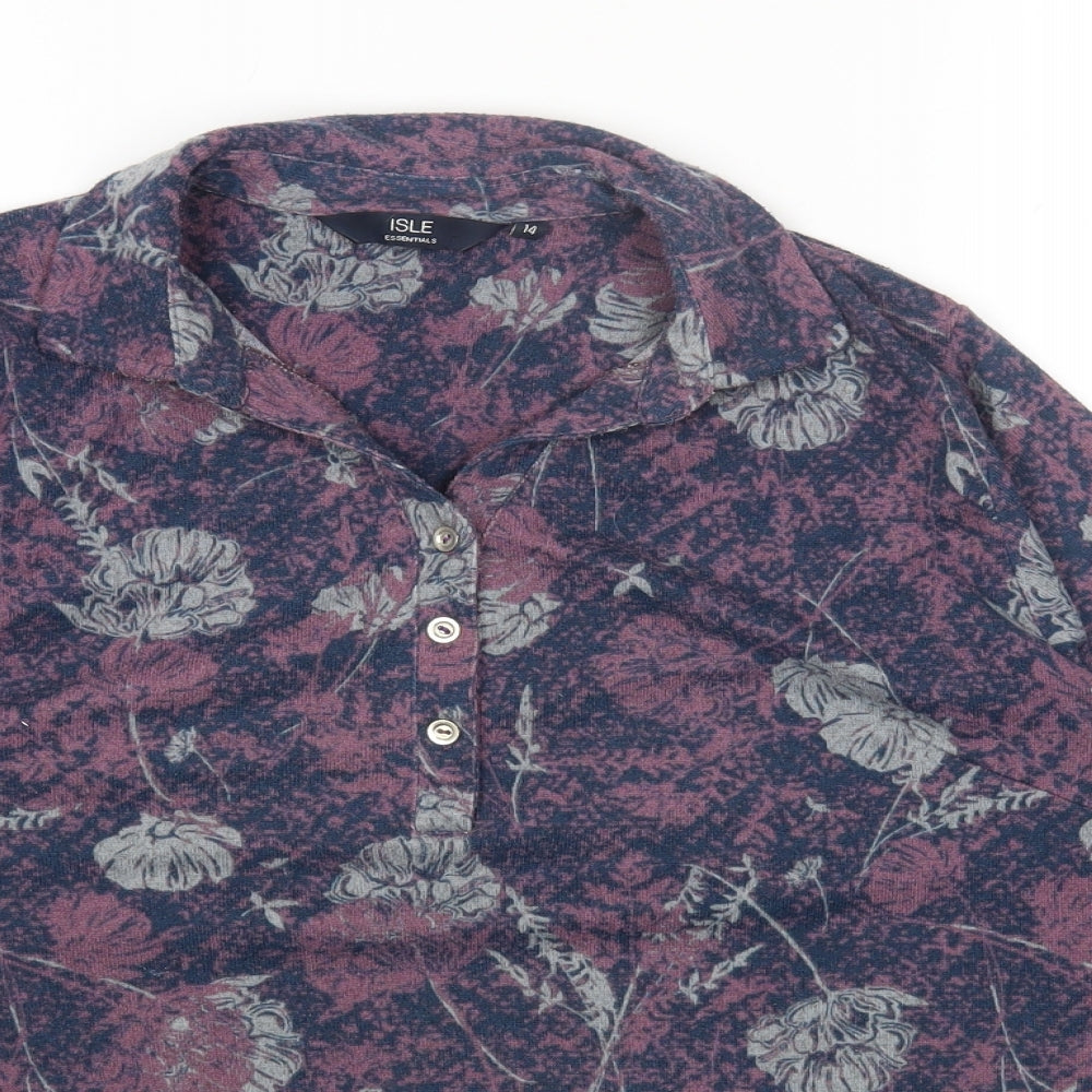 Isle Essentials Womens Multicoloured Collared Floral Polyester Pullover Jumper Size 14