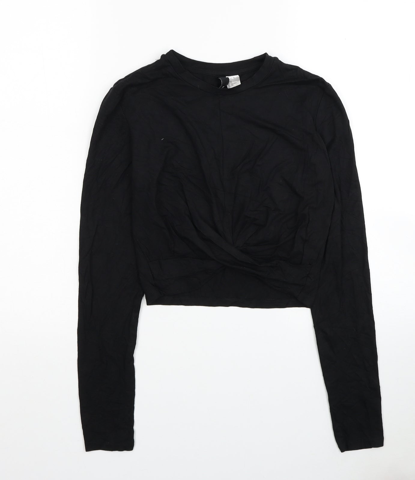 Divided by H&M Womens Black Cotton Cropped T-Shirt Size S Round Neck - Twist Detail