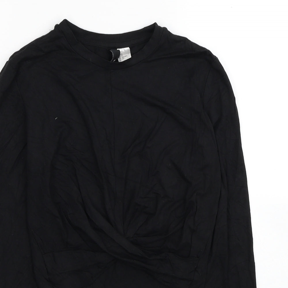Divided by H&M Womens Black Cotton Cropped T-Shirt Size S Round Neck - Twist Detail