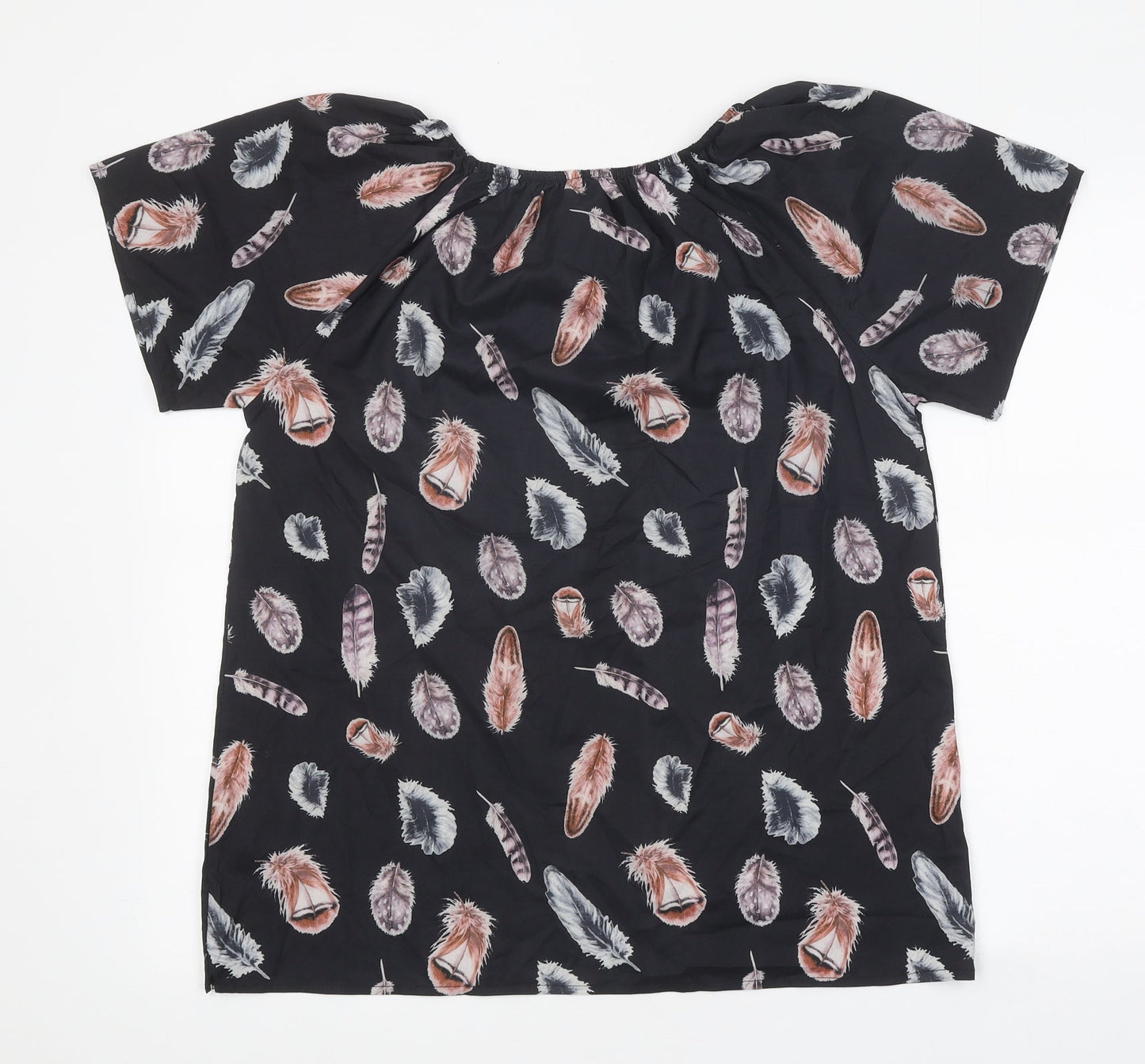 Preworn Womens Black Geometric Polyester Basic T-Shirt Size XL Round Neck - Feather Print