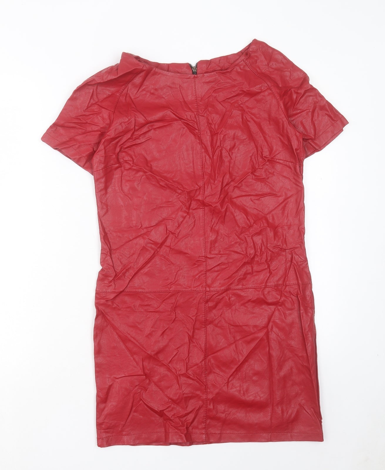 Preworn Womens Red Polyester Shift Size S Boat Neck Zip - Leather Look