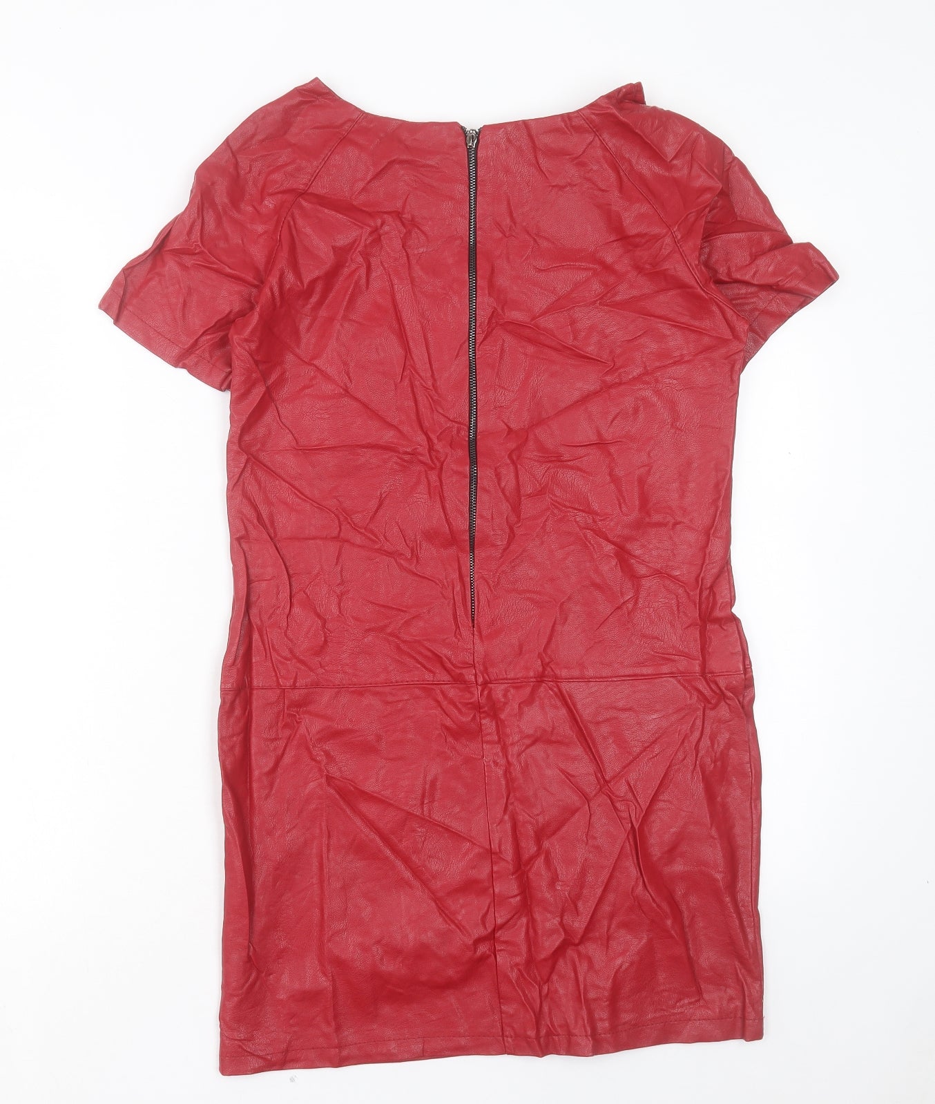 Preworn Womens Red Polyester Shift Size S Boat Neck Zip - Leather Look