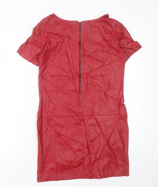 Preworn Womens Red Polyester Shift Size S Boat Neck Zip - Leather Look