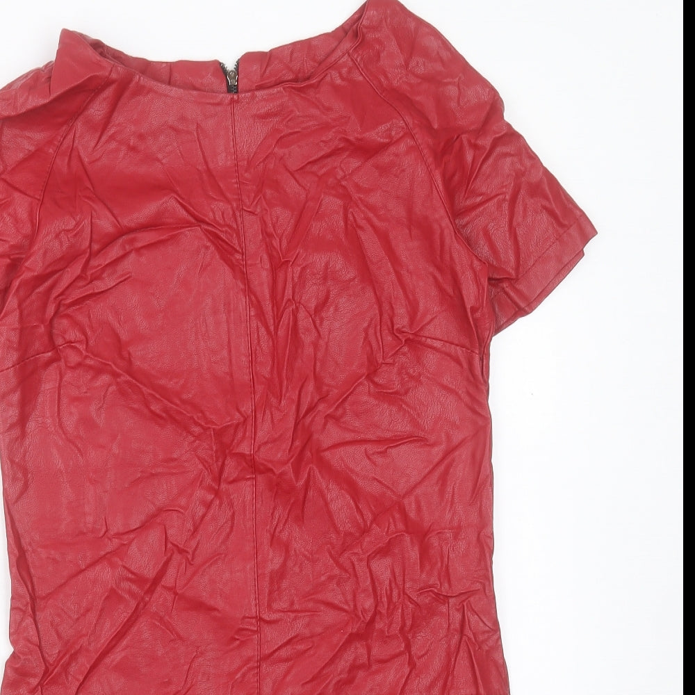 Preworn Womens Red Polyester Shift Size S Boat Neck Zip - Leather Look