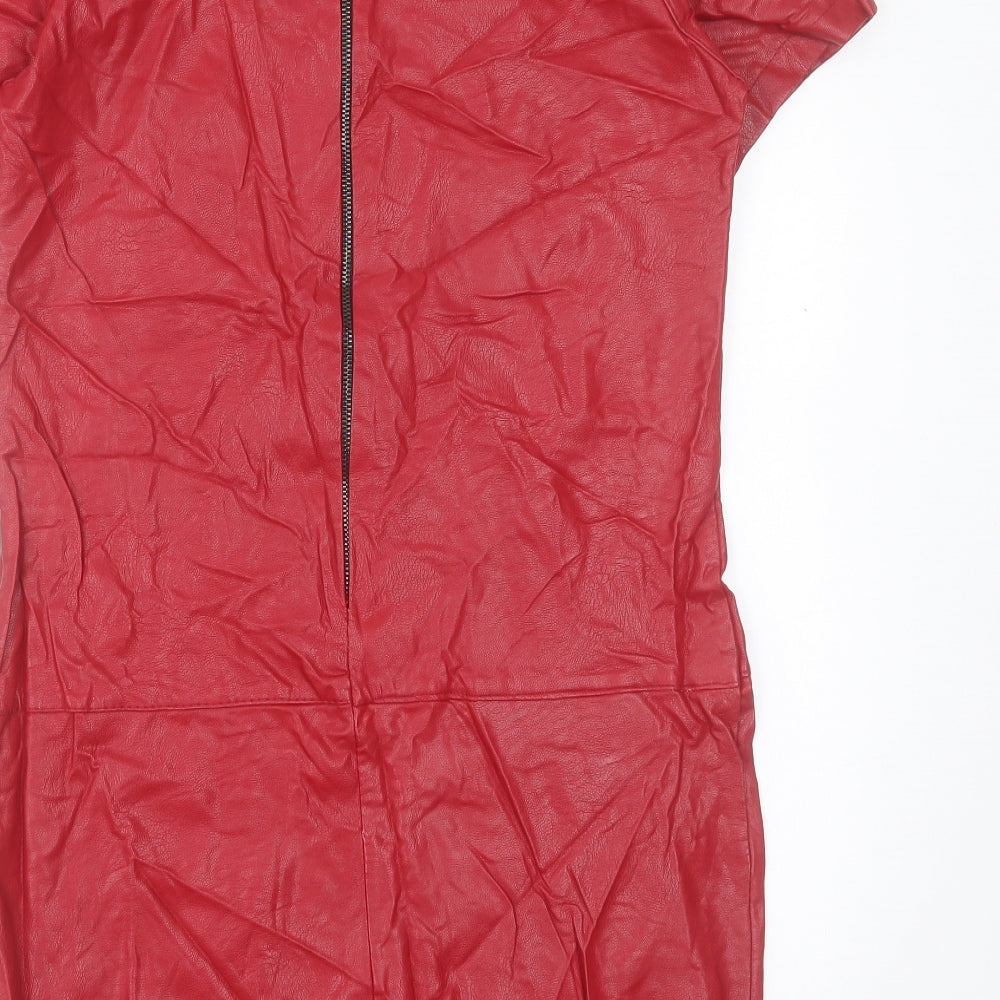 Preworn Womens Red Polyester Shift Size S Boat Neck Zip - Leather Look