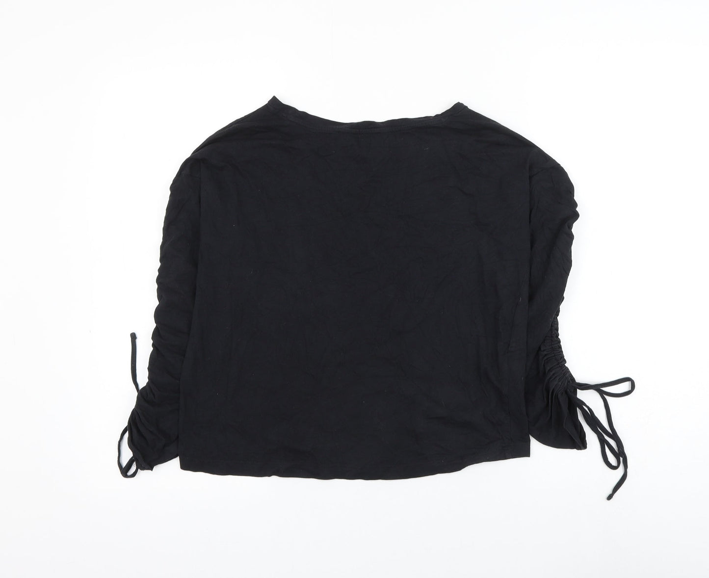 Mango Womens Black Cotton Basic T-Shirt Size S Round Neck - Ruched Sleeve