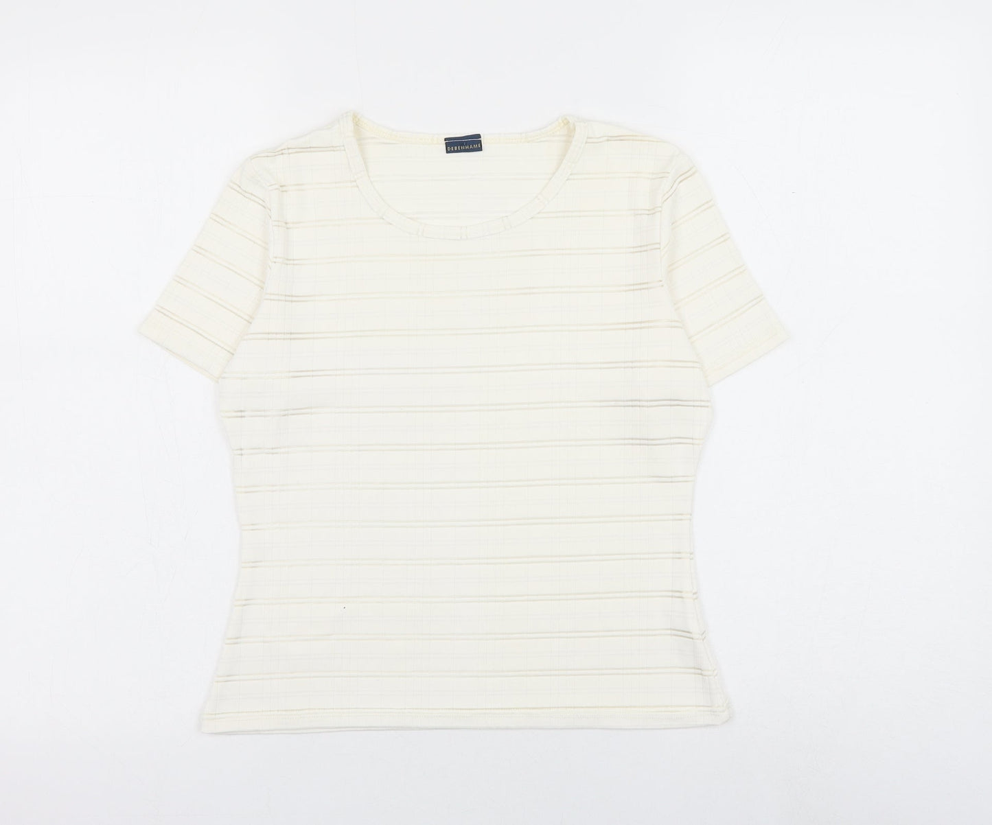 Debenhams Womens White Striped Nylon Basic T-Shirt Size 10 Round Neck