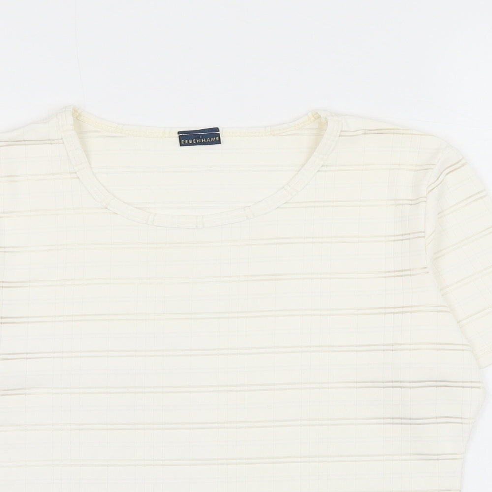 Debenhams Womens White Striped Nylon Basic T-Shirt Size 10 Round Neck