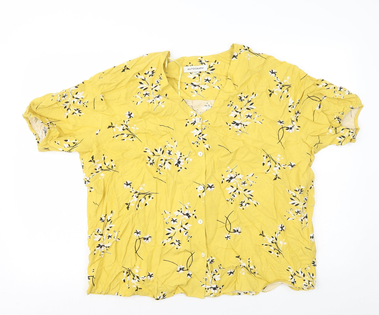 Autograph Womens Yellow Floral Viscose Basic Button-Up Size 14 V-Neck