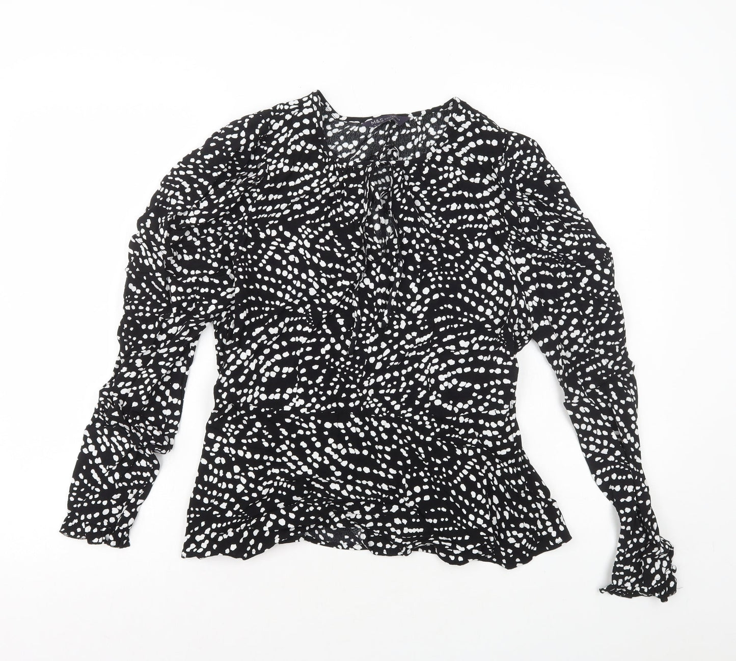 Marks and Spencer Womens Black Geometric Viscose Basic Blouse Size 10 Round Neck - Peplum