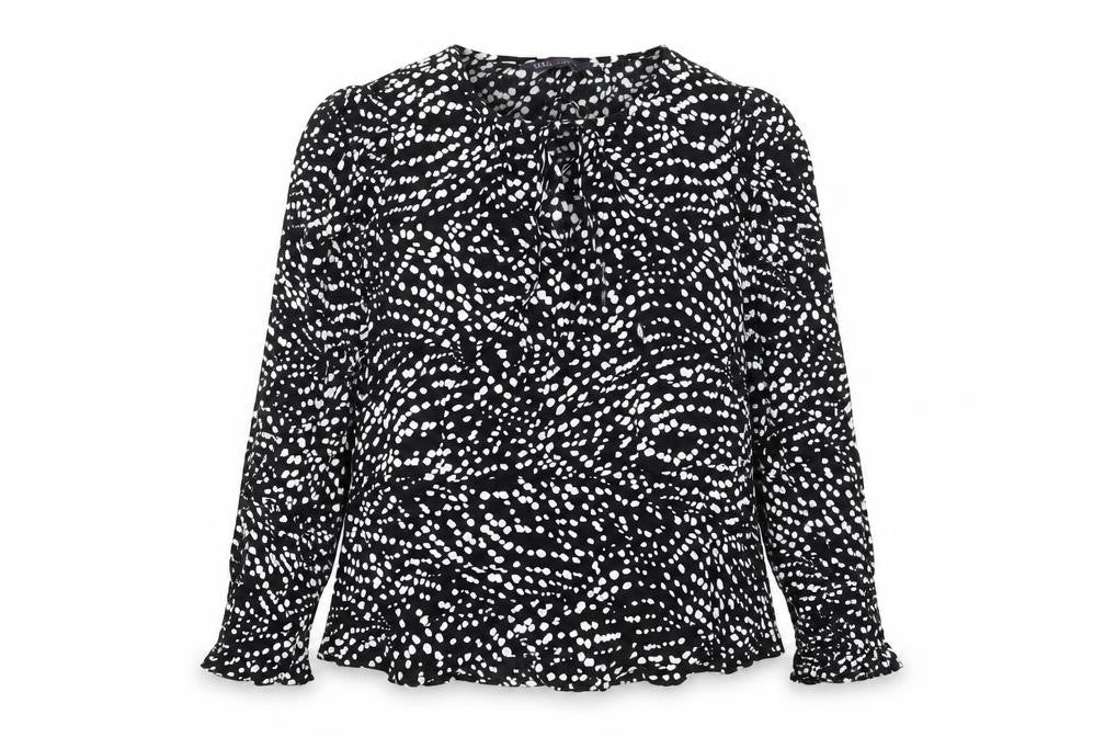 Marks and Spencer Womens Black Geometric Viscose Basic Blouse Size 10 Round Neck - Peplum