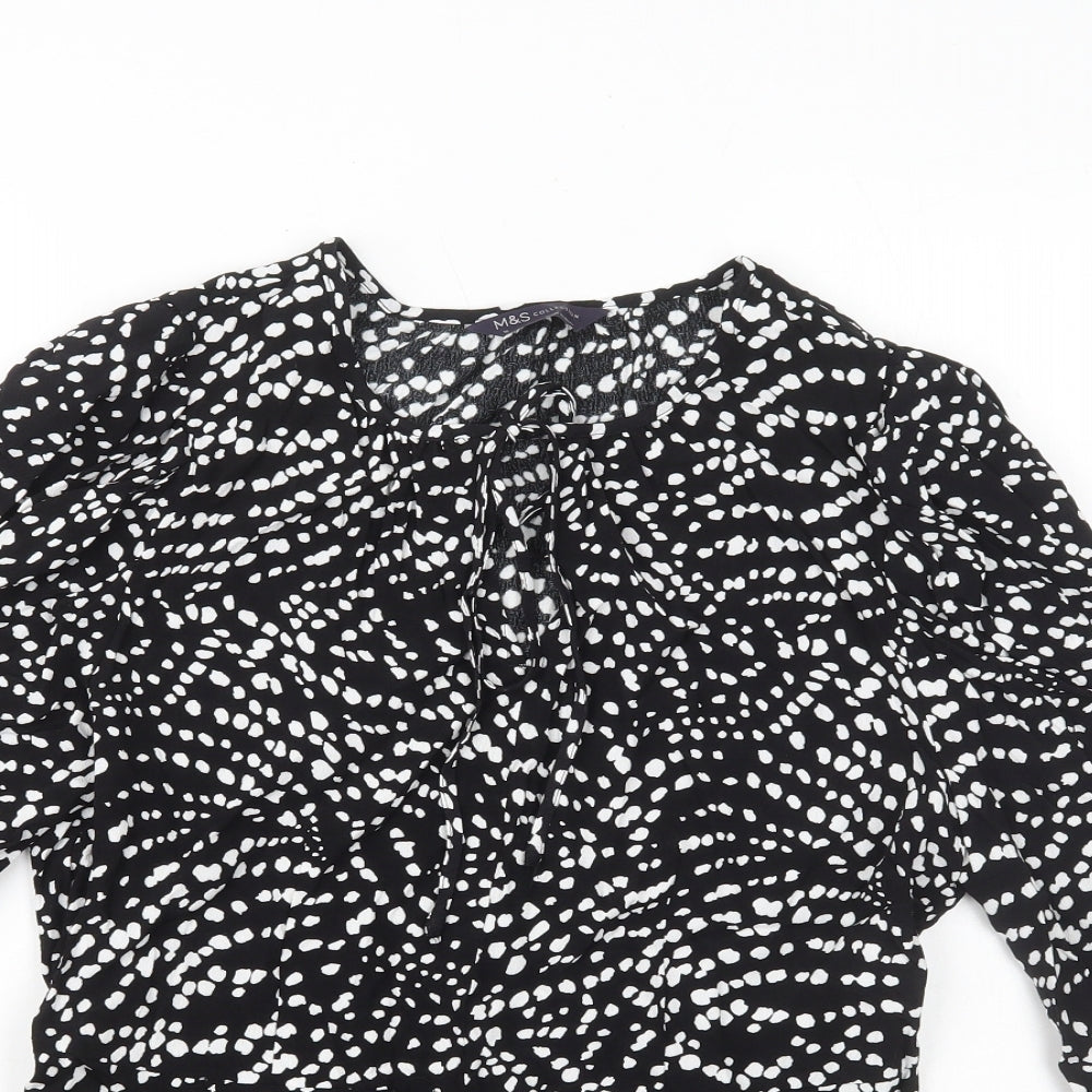 Marks and Spencer Womens Black Geometric Viscose Basic Blouse Size 10 Round Neck - Peplum