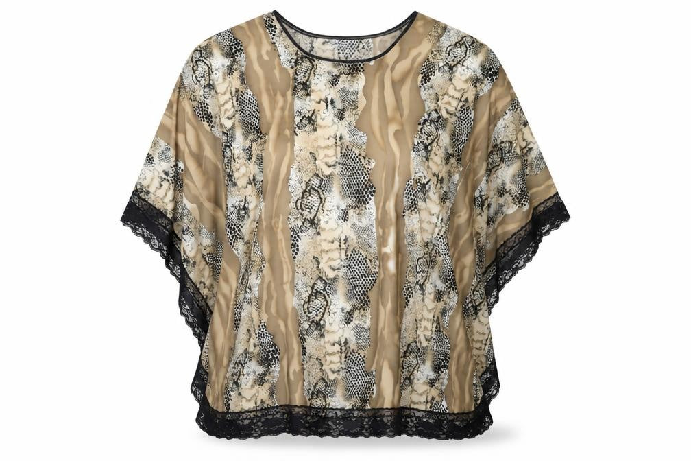 Preworn Womens Multicoloured Animal Print Polyester Kimono T-Shirt One Size Round Neck - Lace Trim