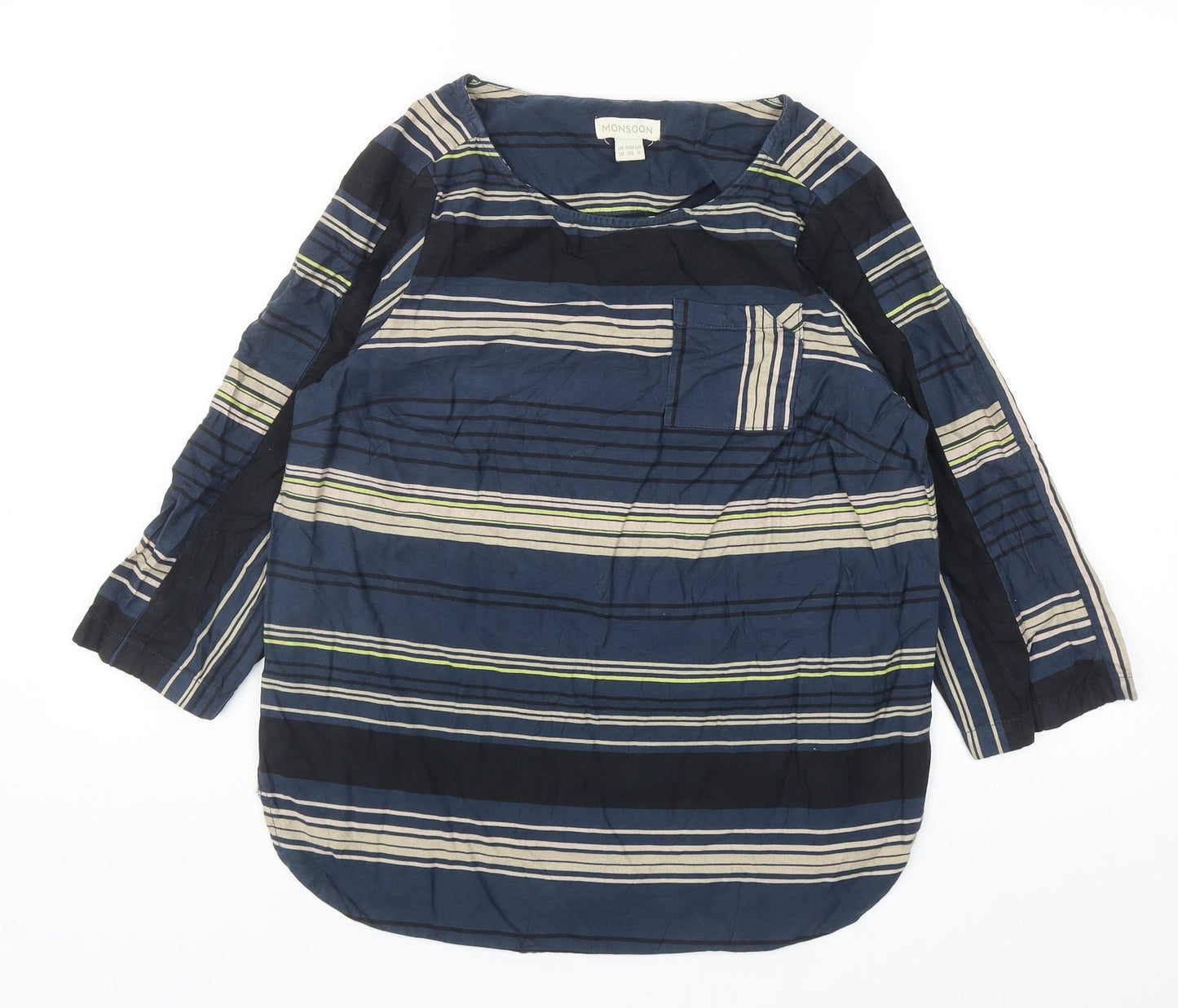 Monsoon Womens Multicoloured Striped Cotton Basic Blouse Size 10 Boat Neck