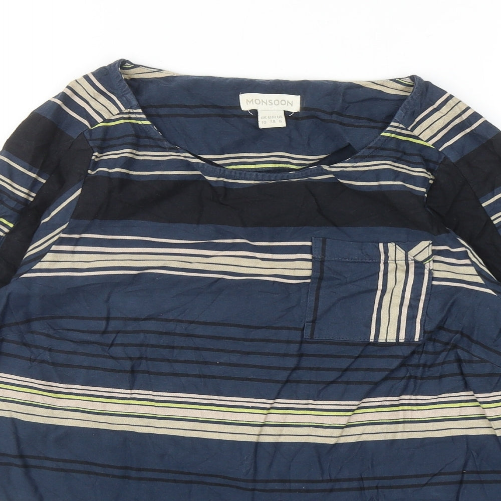 Monsoon Womens Multicoloured Striped Cotton Basic Blouse Size 10 Boat Neck