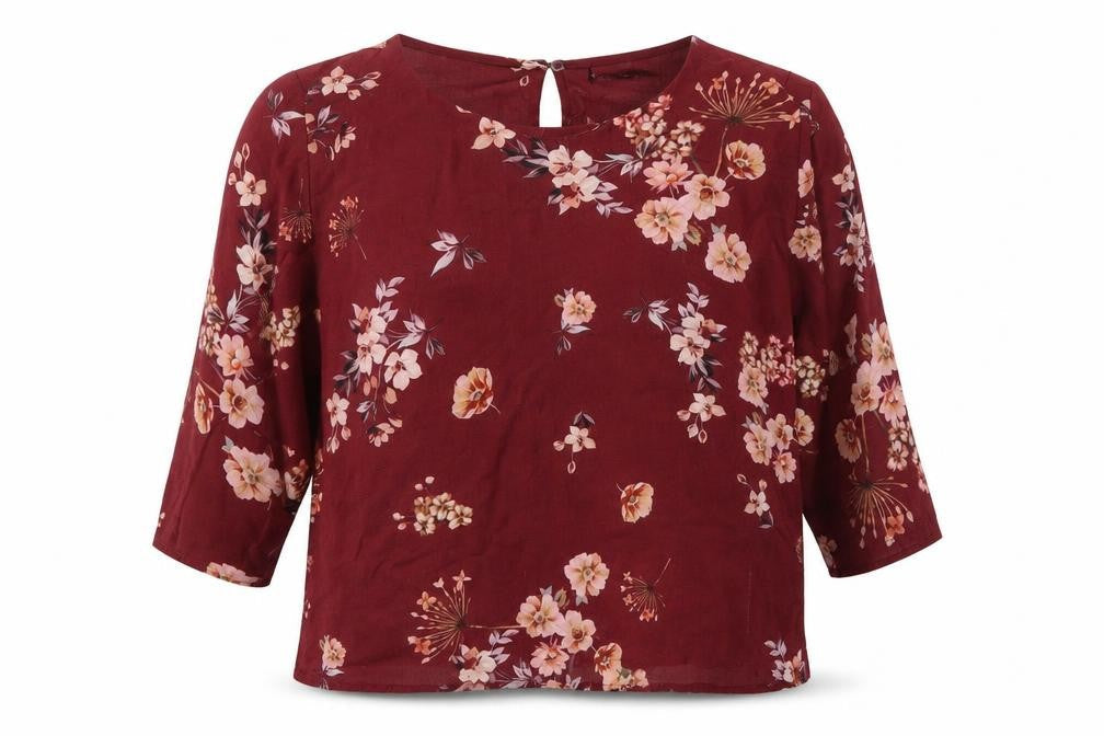 Boohoo Womens Red Floral Polyester Basic Blouse Size 8 Round Neck