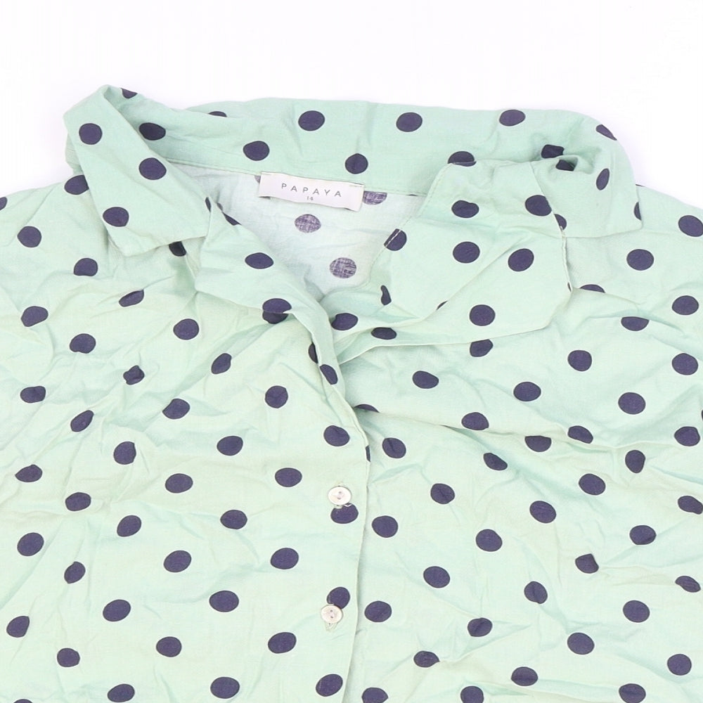 Papaya Womens Green Polka Dot Viscose Cropped Button-Up Size 14 Collared