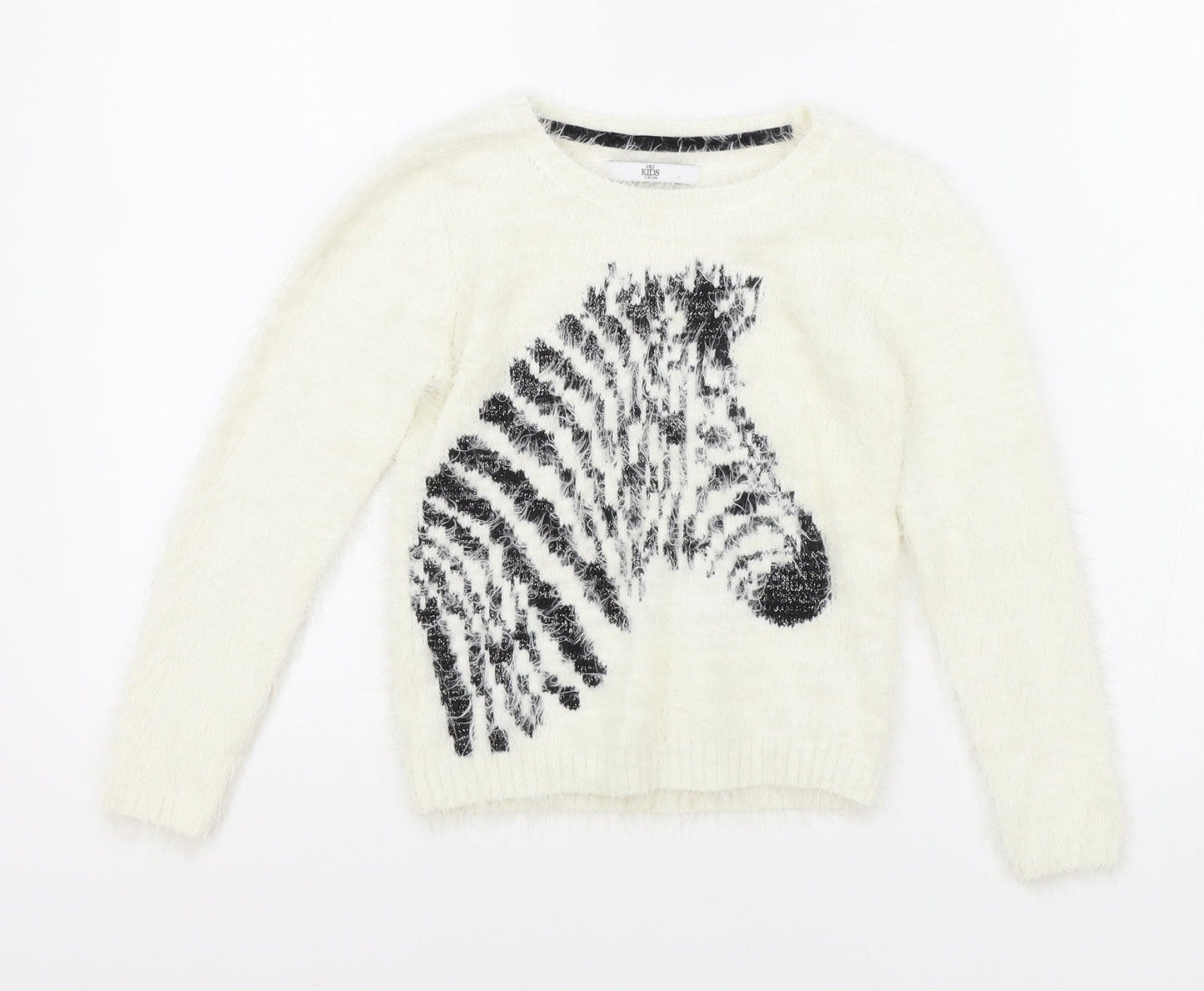 Marks and Spencer Girls White Round Neck Polyamide Pullover Jumper Size 7-8 Years Pullover - Zebra