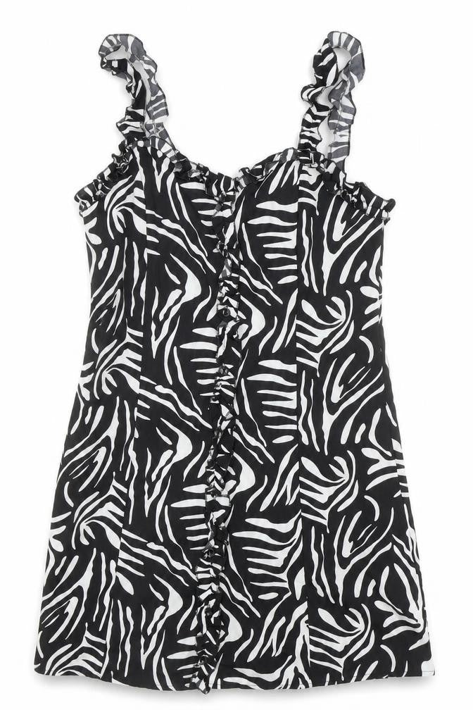 Boohoo Womens Black Animal Print Polyester Tank Dress Size 10 Sweetheart Button