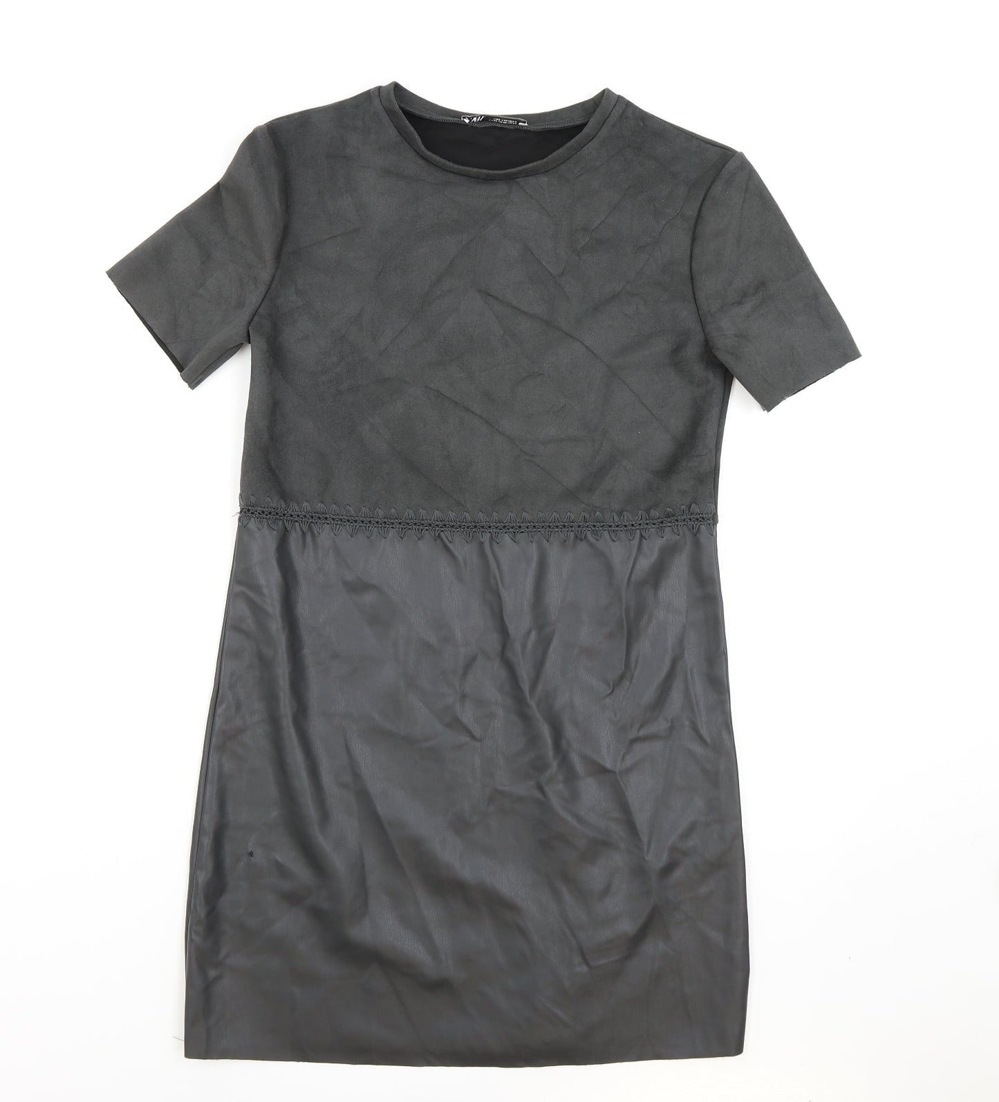 Zara Womens Grey Polyester T-Shirt Dress Size XS Round Neck Pullover - Faux leather