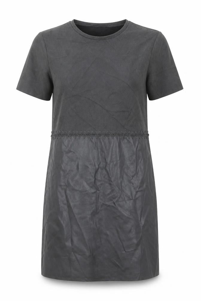 Zara Womens Grey Polyester T-Shirt Dress Size XS Round Neck Pullover - Faux leather