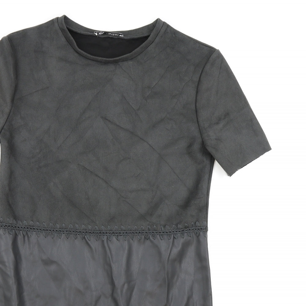 Zara Womens Grey Polyester T-Shirt Dress Size XS Round Neck Pullover - Faux leather
