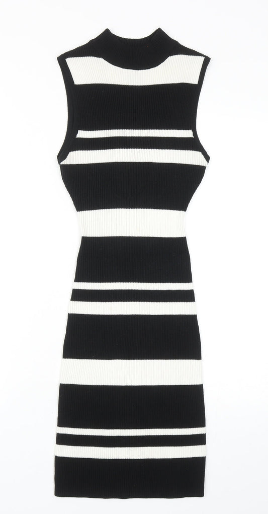 LU NYC Womens Black Striped Viscose Bodycon Size S Mock Neck Pullover